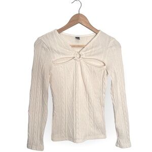 Shein Long-Sleeve‎ Hoop Accent Plain Cut Out V-Neck Knit Top​​​